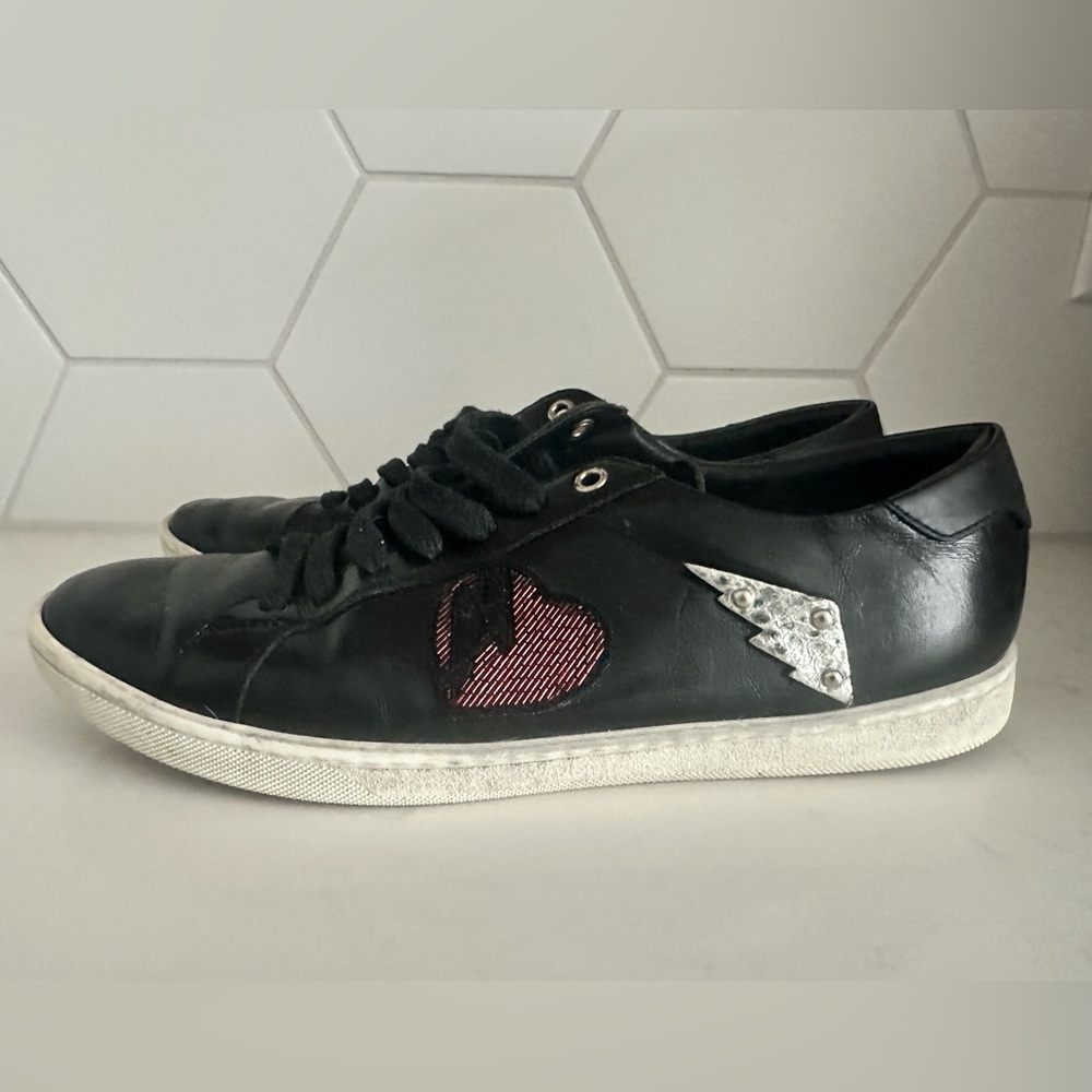 Saint Laurent Black Leather Court Classics featuring Red Heart & Lightning Bolt
